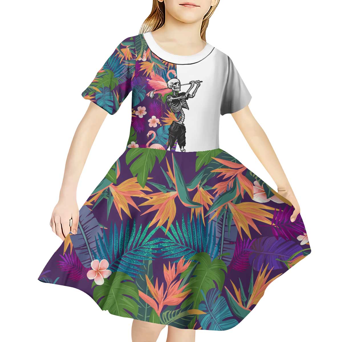 Custom Skeleton Golfer Kid Short Sleeve Dress with Tropical Flamingo Leaves Pattern and Colorful Floral Background - Wonder Print Shop