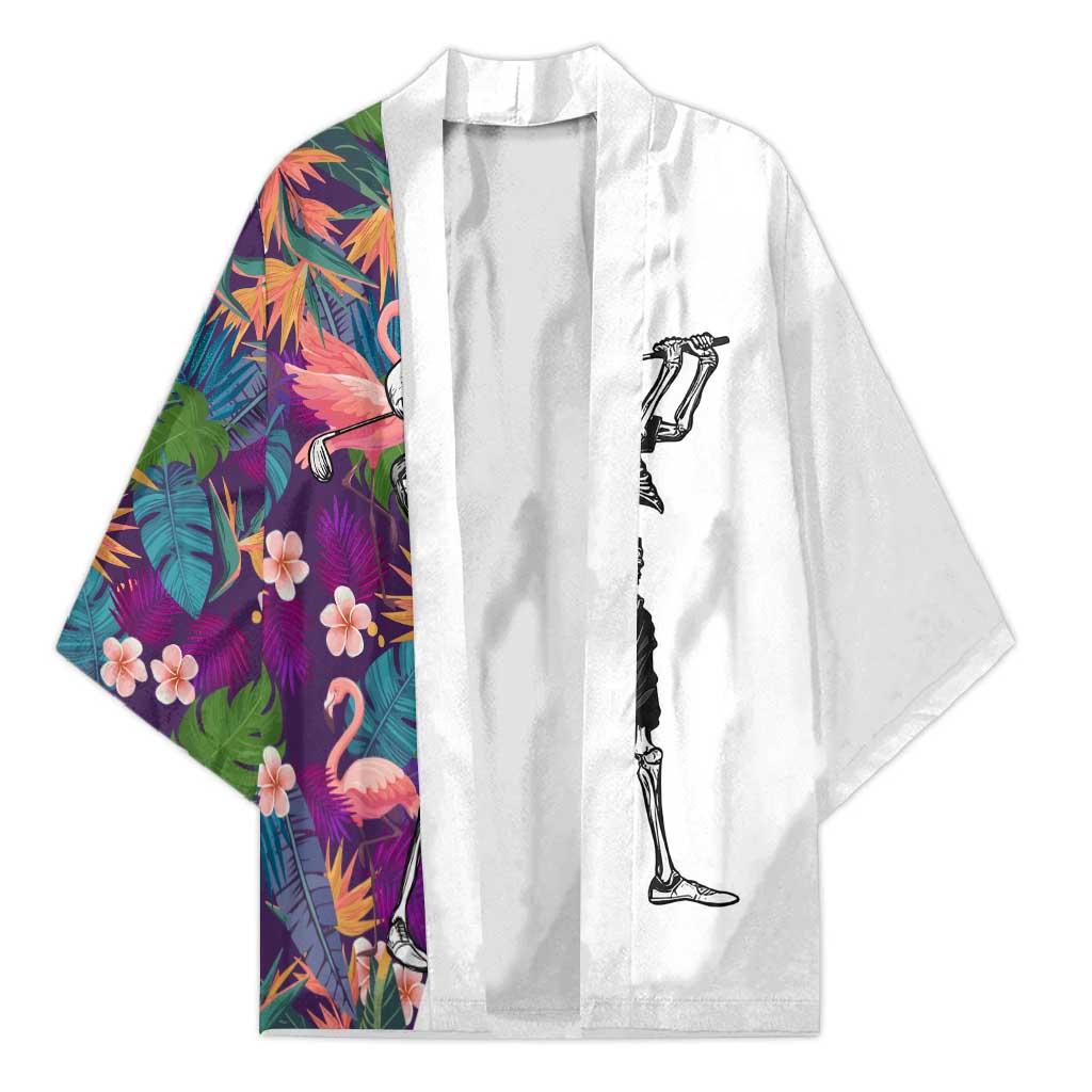 Custom Skeleton Golfer Kimono with Tropical Flamingo Leaves Pattern and Colorful Floral Background - Wonder Print Shop