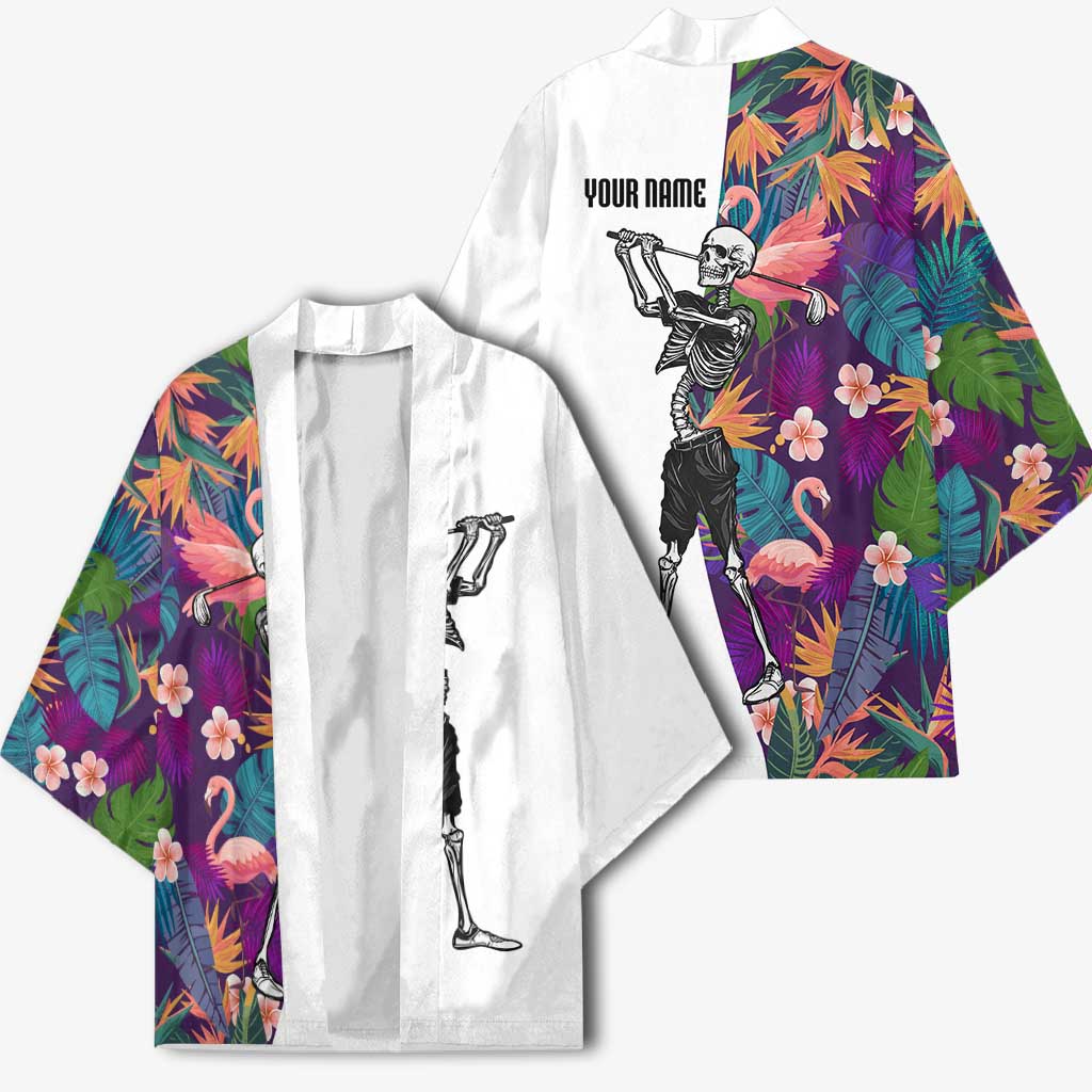 Custom Skeleton Golfer Kimono with Tropical Flamingo Leaves Pattern and Colorful Floral Background - Wonder Print Shop