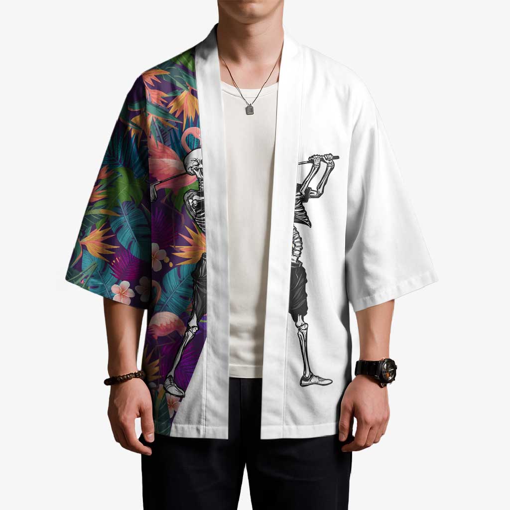 Custom Skeleton Golfer Kimono with Tropical Flamingo Leaves Pattern and Colorful Floral Background - Wonder Print Shop