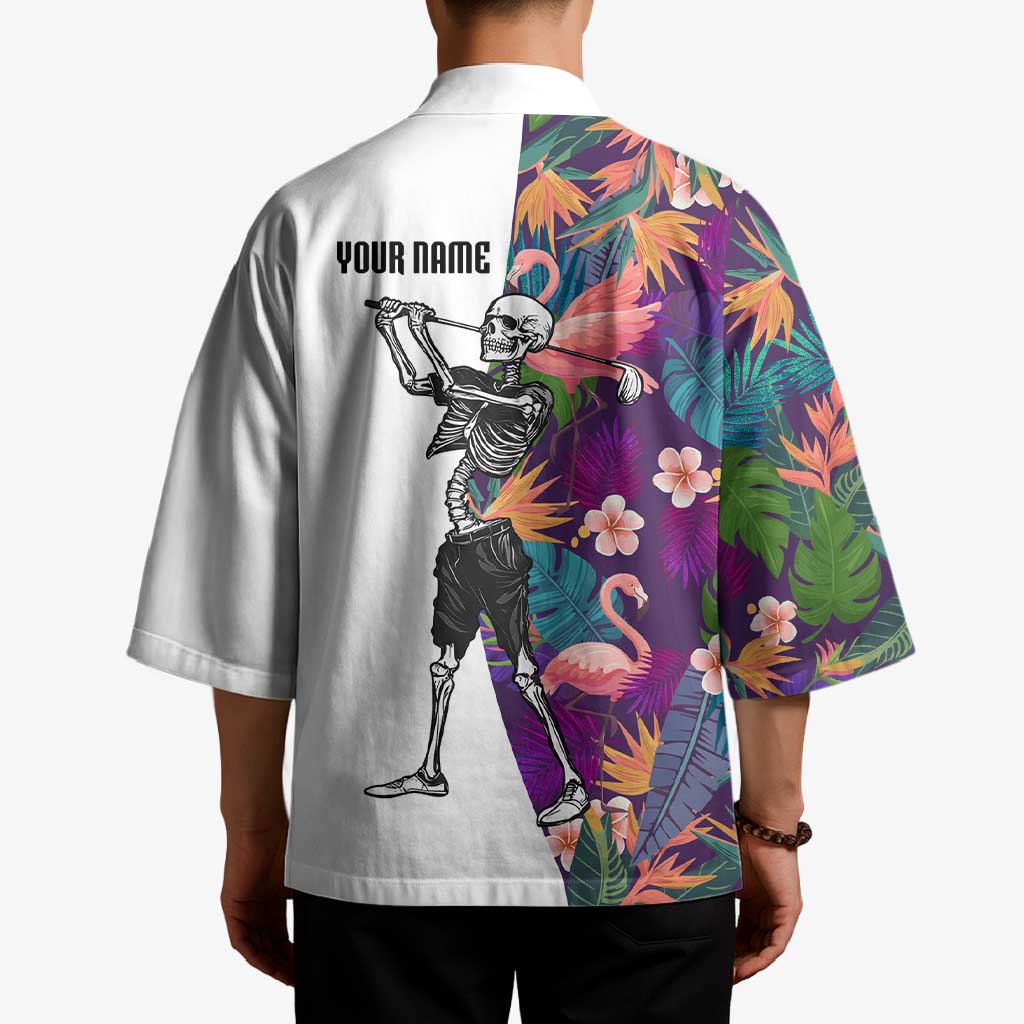 Custom Skeleton Golfer Kimono with Tropical Flamingo Leaves Pattern and Colorful Floral Background - Wonder Print Shop