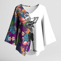 Custom Skeleton Golfer Kimono Sleeve Blouse with Tropical Flamingo Leaves Pattern and Colorful Floral Background - Wonder Print Shop
