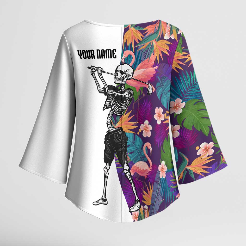 Custom Skeleton Golfer Kimono Sleeve Blouse with Tropical Flamingo Leaves Pattern and Colorful Floral Background - Wonder Print Shop