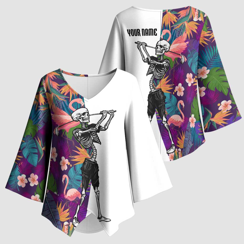 Custom Skeleton Golfer Kimono Sleeve Blouse with Tropical Flamingo Leaves Pattern and Colorful Floral Background - Wonder Print Shop
