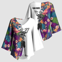 Custom Skeleton Golfer Kimono Sleeve Blouse with Tropical Flamingo Leaves Pattern and Colorful Floral Background - Wonder Print Shop