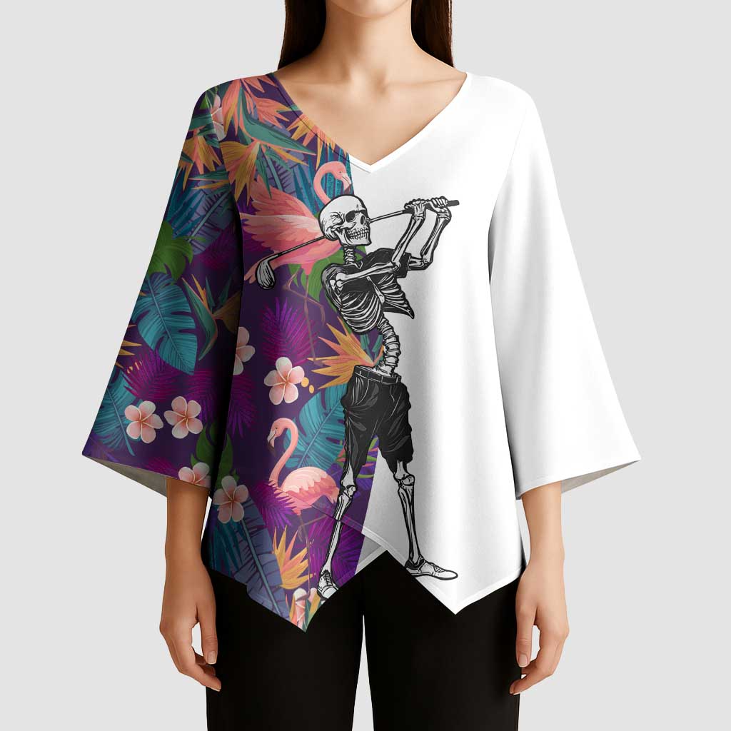Custom Skeleton Golfer Kimono Sleeve Blouse with Tropical Flamingo Leaves Pattern and Colorful Floral Background - Wonder Print Shop