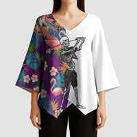 Custom Skeleton Golfer Kimono Sleeve Blouse with Tropical Flamingo Leaves Pattern and Colorful Floral Background - Wonder Print Shop