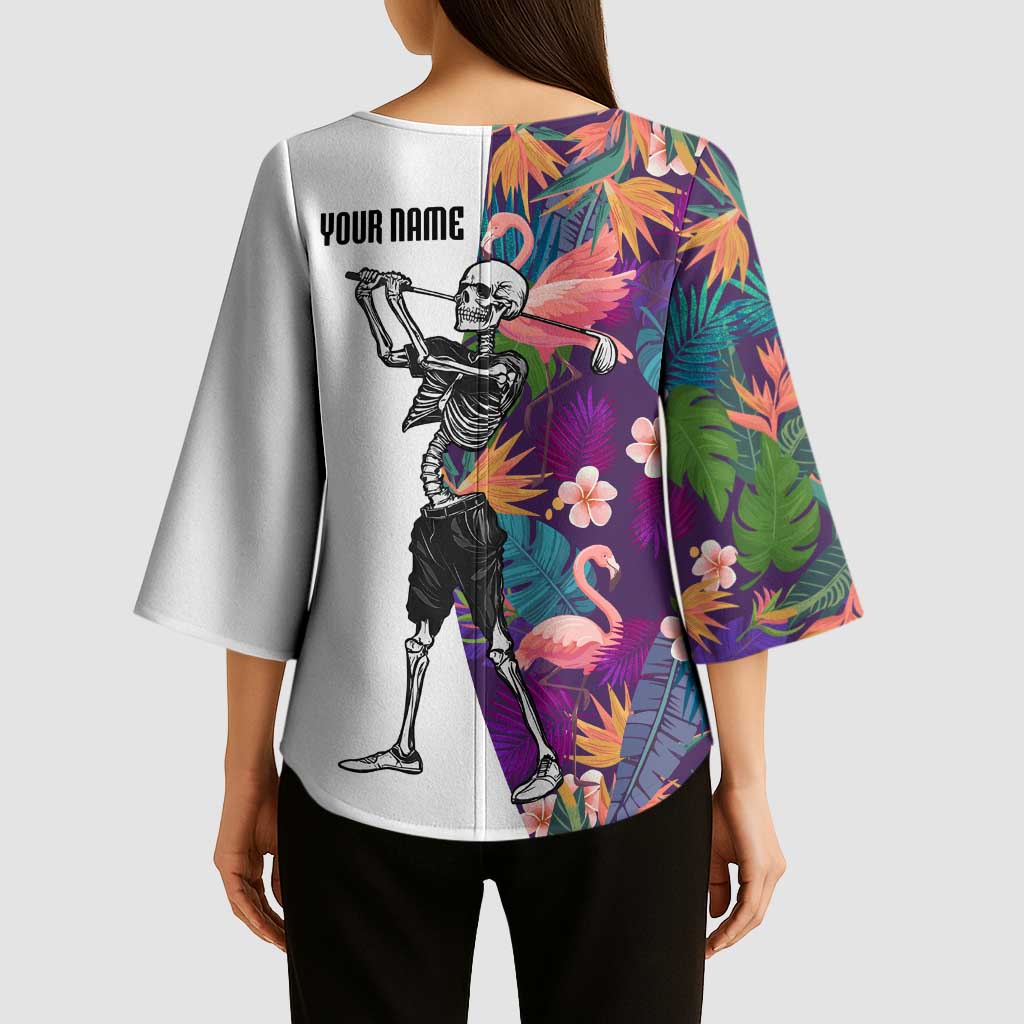 Custom Skeleton Golfer Kimono Sleeve Blouse with Tropical Flamingo Leaves Pattern and Colorful Floral Background - Wonder Print Shop
