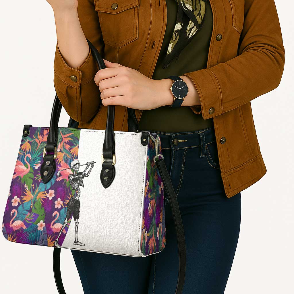 Skeleton Golfer Leather Bag with Tropical Flamingo Leaves Pattern and Colorful Floral Background - Wonder Print Shop