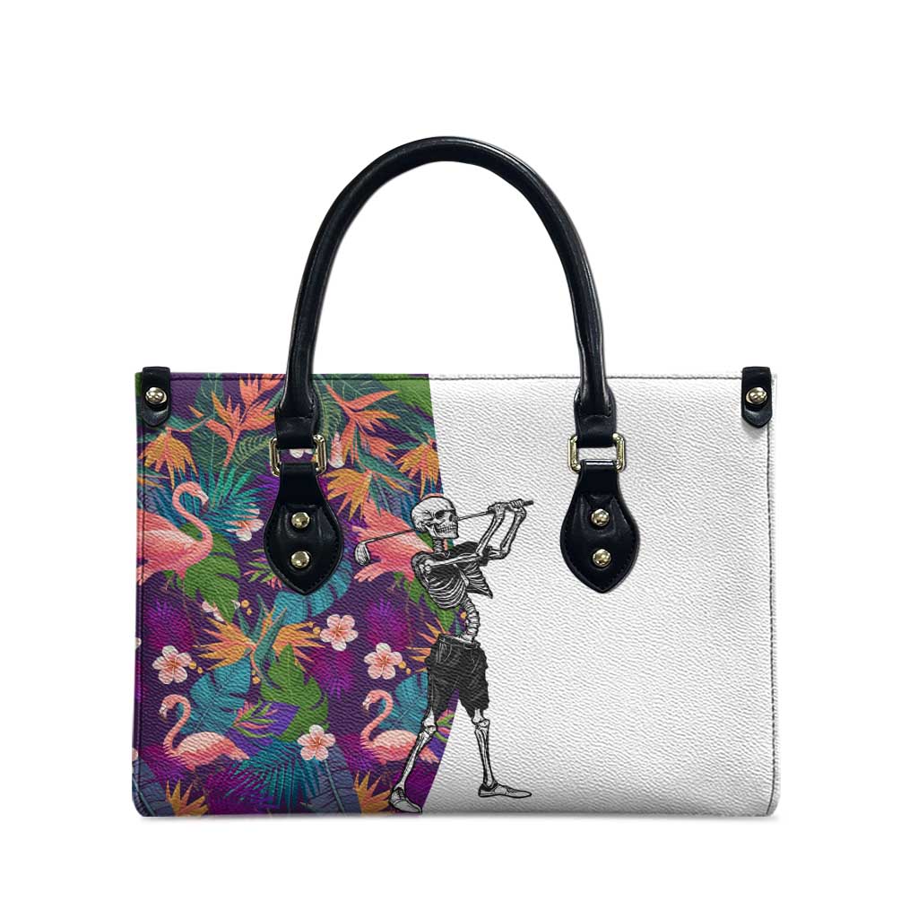 Skeleton Golfer Leather Bag with Tropical Flamingo Leaves Pattern and Colorful Floral Background - Wonder Print Shop