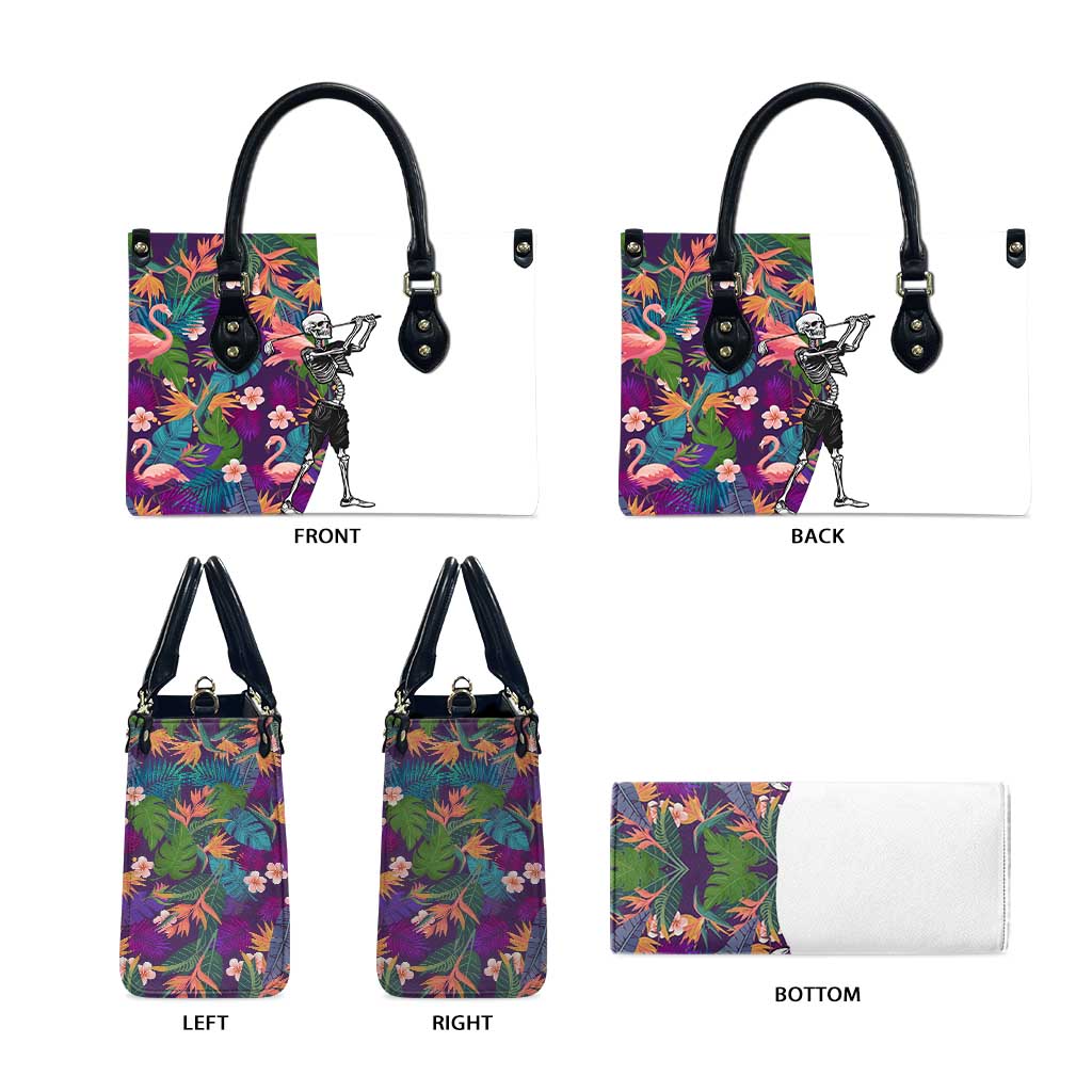 Skeleton Golfer Leather Bag with Tropical Flamingo Leaves Pattern and Colorful Floral Background - Wonder Print Shop