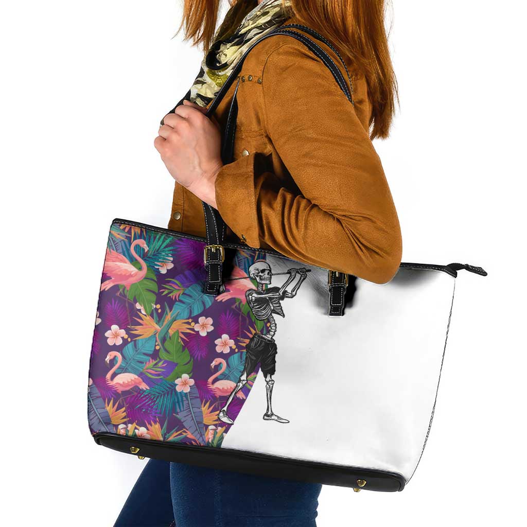 Skeleton Golfer Leather Tote Bag with Tropical Flamingo Leaves Pattern and Colorful Floral Background - Wonder Print Shop