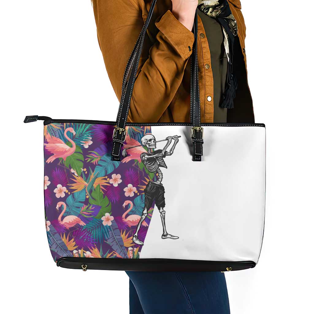 Skeleton Golfer Leather Tote Bag with Tropical Flamingo Leaves Pattern and Colorful Floral Background - Wonder Print Shop