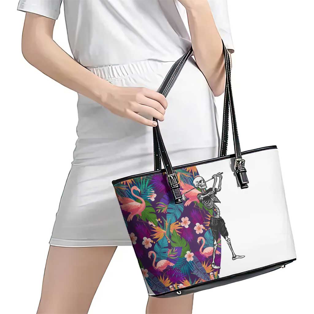 Skeleton Golfer Leather Tote Bag with Tropical Flamingo Leaves Pattern and Colorful Floral Background - Wonder Print Shop