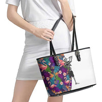 Skeleton Golfer Leather Tote Bag with Tropical Flamingo Leaves Pattern and Colorful Floral Background - Wonder Print Shop