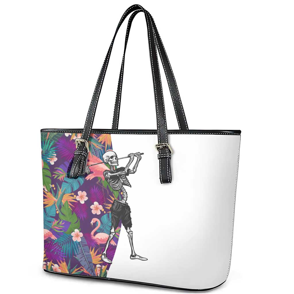 Skeleton Golfer Leather Tote Bag with Tropical Flamingo Leaves Pattern and Colorful Floral Background - Wonder Print Shop