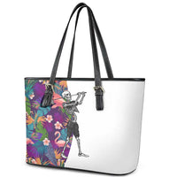 Skeleton Golfer Leather Tote Bag with Tropical Flamingo Leaves Pattern and Colorful Floral Background - Wonder Print Shop