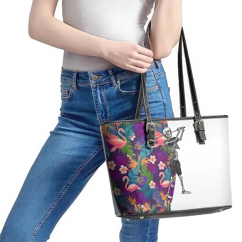 Skeleton Golfer Leather Tote Bag with Tropical Flamingo Leaves Pattern and Colorful Floral Background - Wonder Print Shop