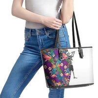 Skeleton Golfer Leather Tote Bag with Tropical Flamingo Leaves Pattern and Colorful Floral Background - Wonder Print Shop