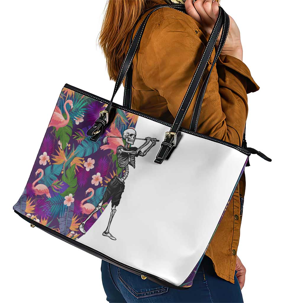 Skeleton Golfer Leather Tote Bag with Tropical Flamingo Leaves Pattern and Colorful Floral Background - Wonder Print Shop