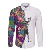 Custom Skeleton Golfer Long Sleeve Button Shirt with Tropical Flamingo Leaves Pattern and Colorful Floral Background - Wonder Print Shop