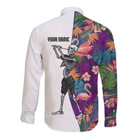 Custom Skeleton Golfer Long Sleeve Button Shirt with Tropical Flamingo Leaves Pattern and Colorful Floral Background - Wonder Print Shop