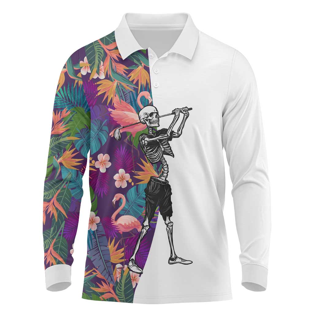 Custom Skeleton Golfer Long Sleeve Polo Shirt with Tropical Flamingo Leaves Pattern and Colorful Floral Background - Wonder Print Shop