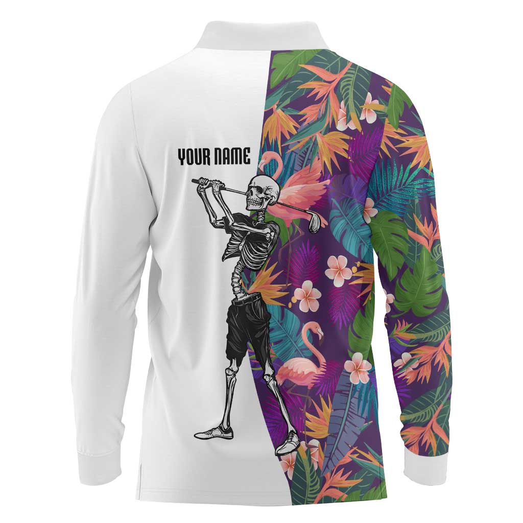 Custom Skeleton Golfer Long Sleeve Polo Shirt with Tropical Flamingo Leaves Pattern and Colorful Floral Background - Wonder Print Shop