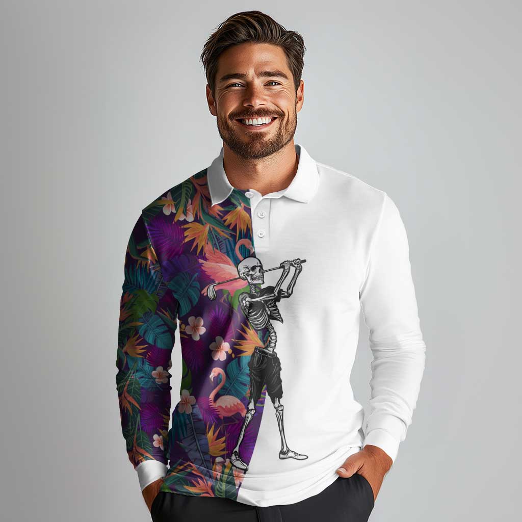 Custom Skeleton Golfer Long Sleeve Polo Shirt with Tropical Flamingo Leaves Pattern and Colorful Floral Background - Wonder Print Shop