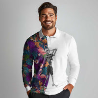 Custom Skeleton Golfer Long Sleeve Polo Shirt with Tropical Flamingo Leaves Pattern and Colorful Floral Background - Wonder Print Shop
