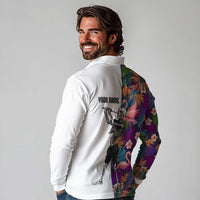 Custom Skeleton Golfer Long Sleeve Polo Shirt with Tropical Flamingo Leaves Pattern and Colorful Floral Background - Wonder Print Shop