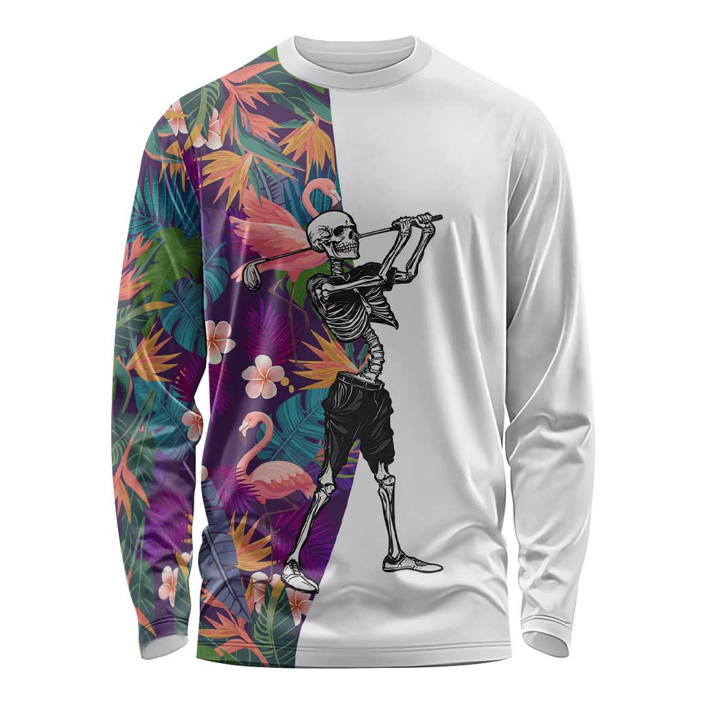 Custom Skeleton Golfer Long Sleeve Shirt with Tropical Flamingo Leaves Pattern and Colorful Floral Background - Wonder Print Shop