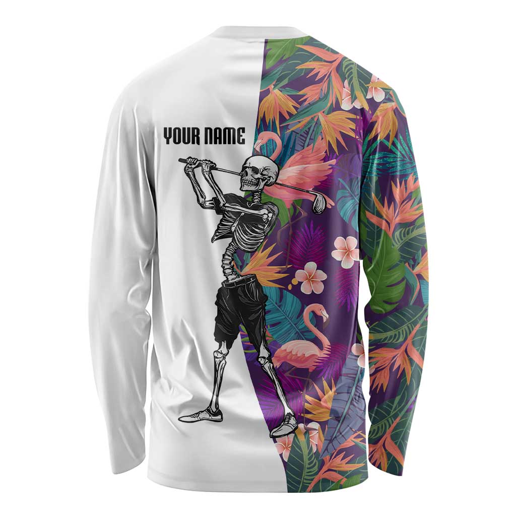Custom Skeleton Golfer Long Sleeve Shirt with Tropical Flamingo Leaves Pattern and Colorful Floral Background - Wonder Print Shop