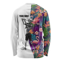 Custom Skeleton Golfer Long Sleeve Shirt with Tropical Flamingo Leaves Pattern and Colorful Floral Background - Wonder Print Shop