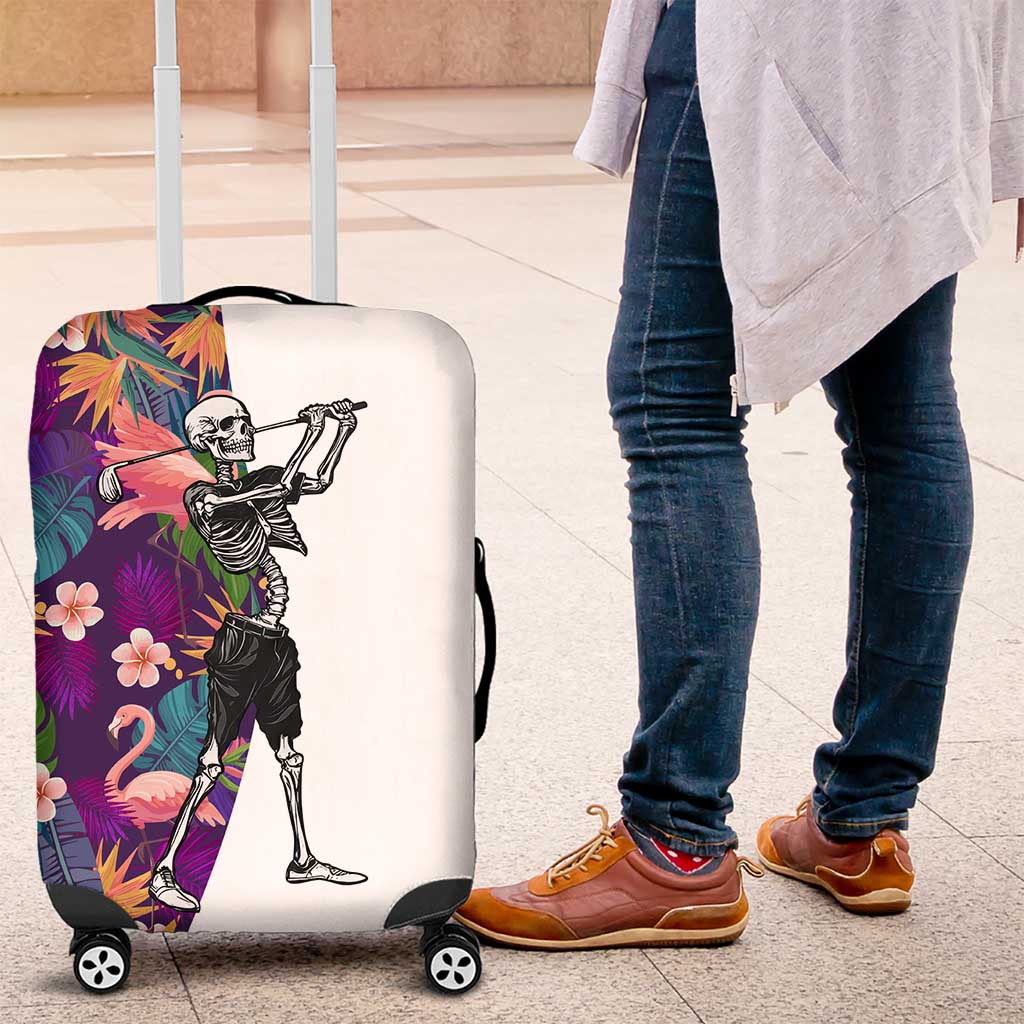 Skeleton Golfer Luggage Cover with Tropical Flamingo Leaves Pattern and Colorful Floral Background - Wonder Print Shop