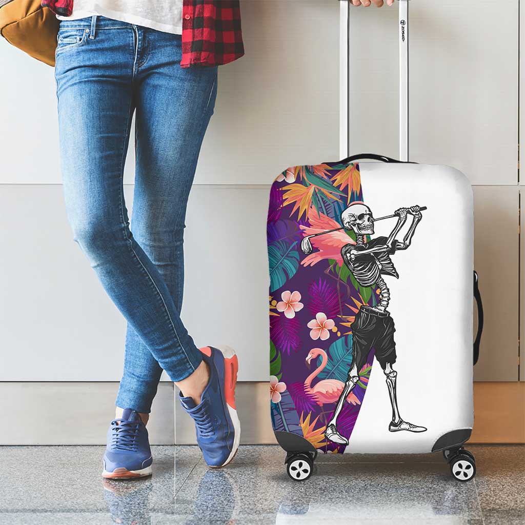 Skeleton Golfer Luggage Cover with Tropical Flamingo Leaves Pattern and Colorful Floral Background - Wonder Print Shop