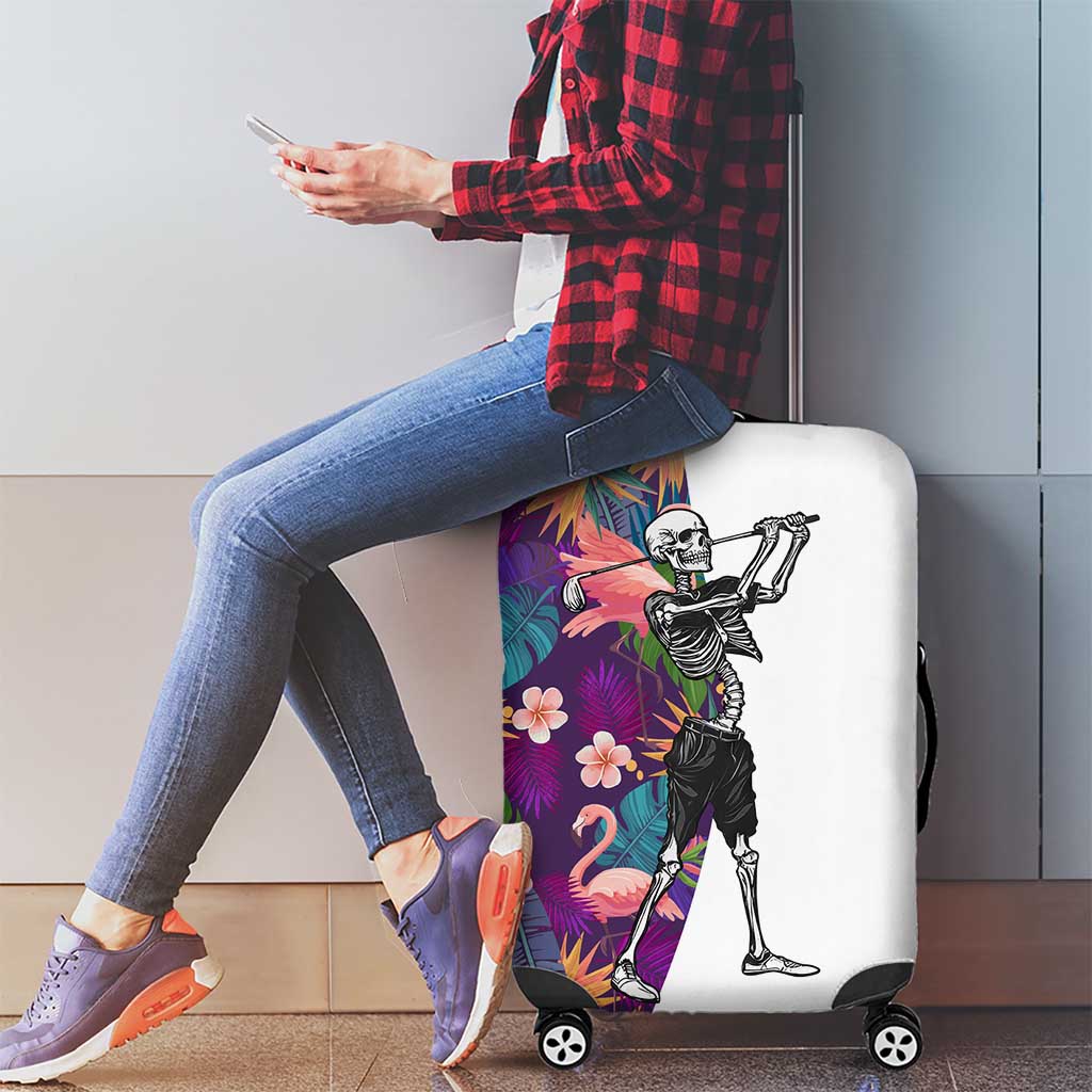 Skeleton Golfer Luggage Cover with Tropical Flamingo Leaves Pattern and Colorful Floral Background - Wonder Print Shop