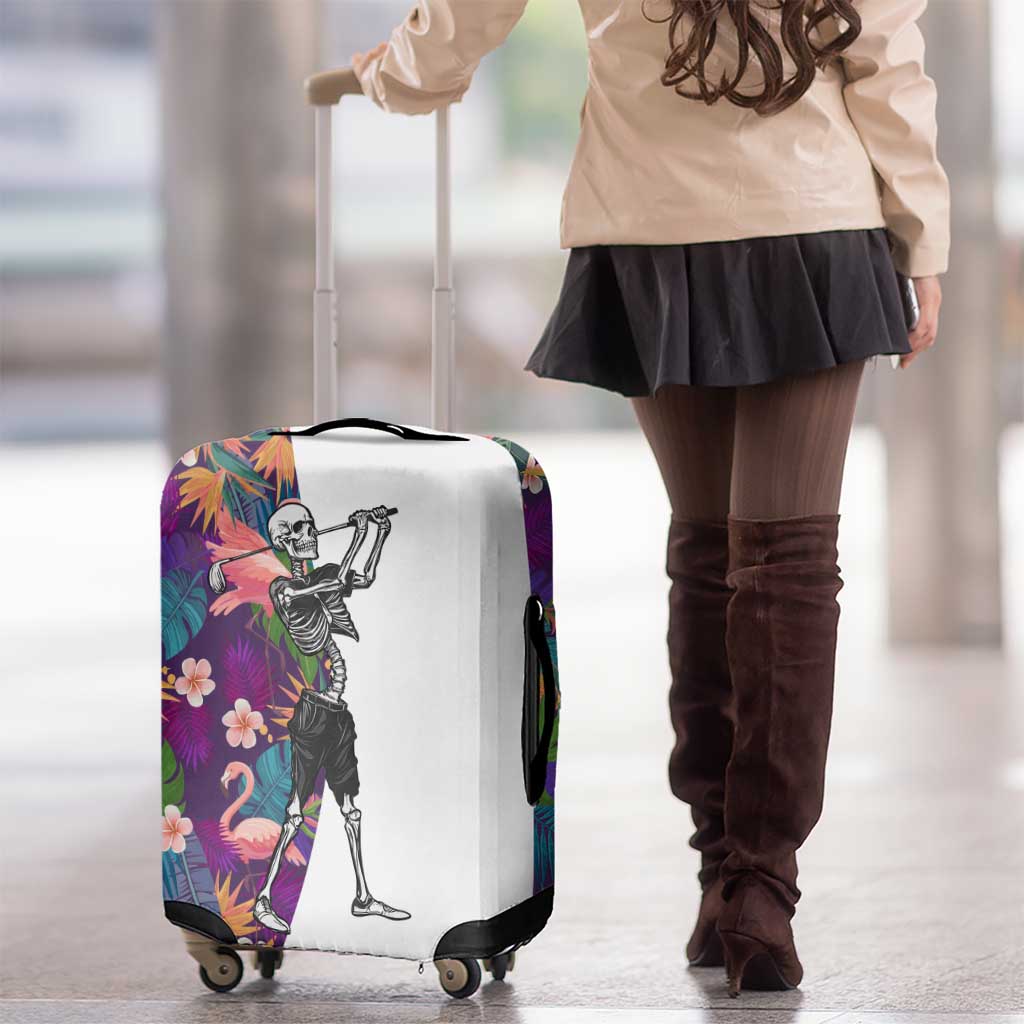 Skeleton Golfer Luggage Cover with Tropical Flamingo Leaves Pattern and Colorful Floral Background - Wonder Print Shop