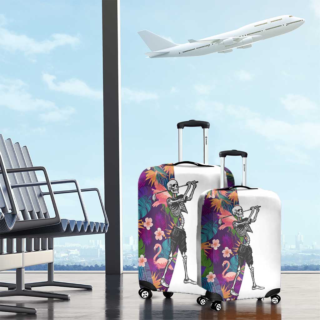 Skeleton Golfer Luggage Cover with Tropical Flamingo Leaves Pattern and Colorful Floral Background - Wonder Print Shop