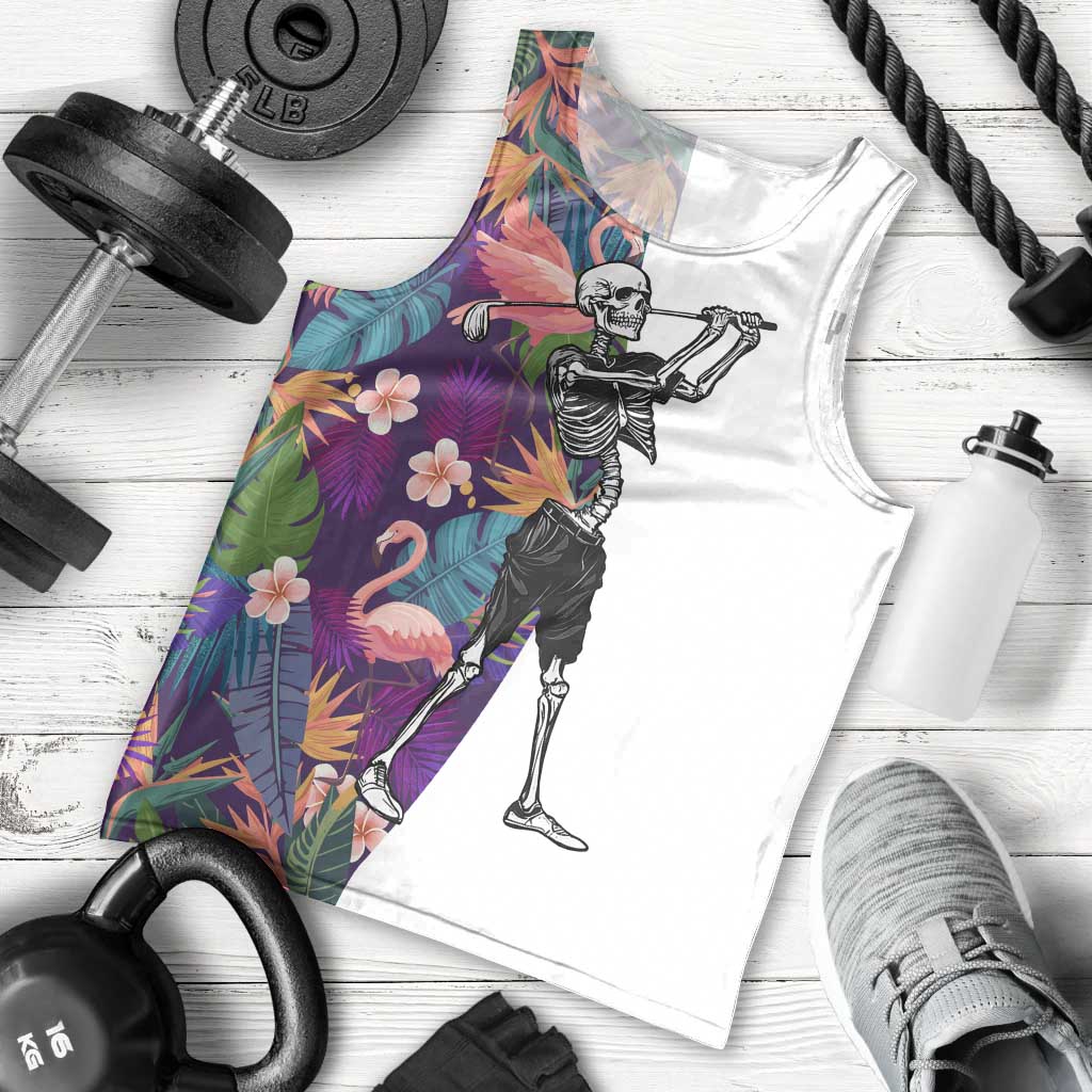 Custom Skeleton Golfer Men Tank Top with Tropical Flamingo Leaves Pattern and Colorful Floral Background - Wonder Print Shop