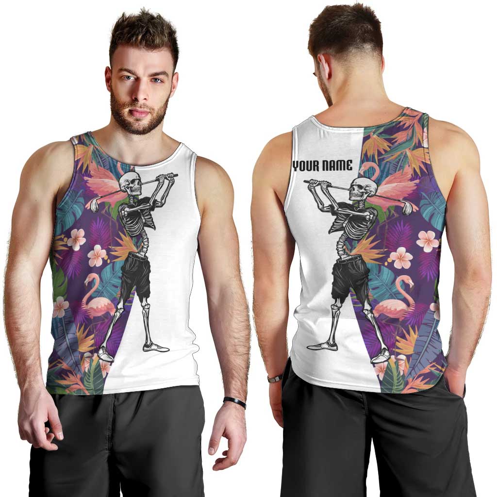 Custom Skeleton Golfer Men Tank Top with Tropical Flamingo Leaves Pattern and Colorful Floral Background - Wonder Print Shop