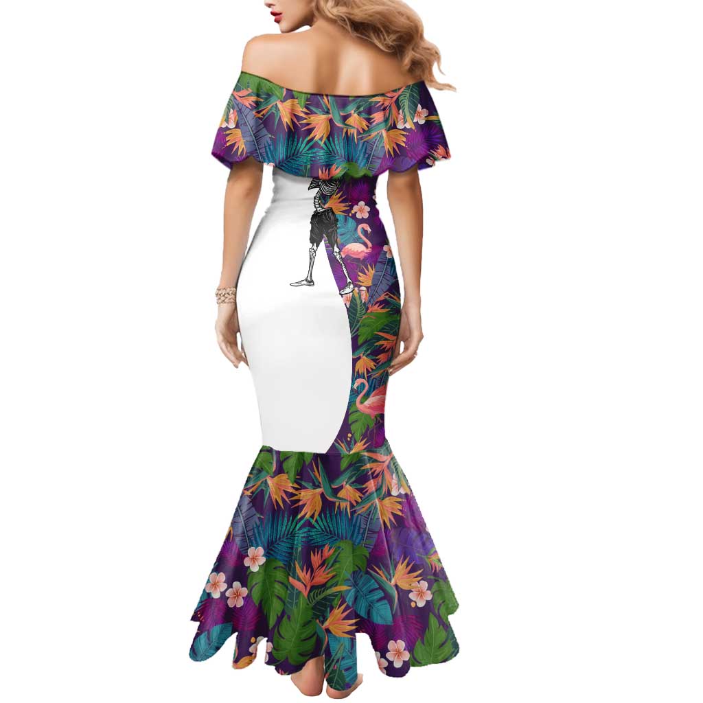 Skeleton Golfer Mermaid Dress with Tropical Flamingo Leaves Pattern and Colorful Floral Background - Wonder Print Shop