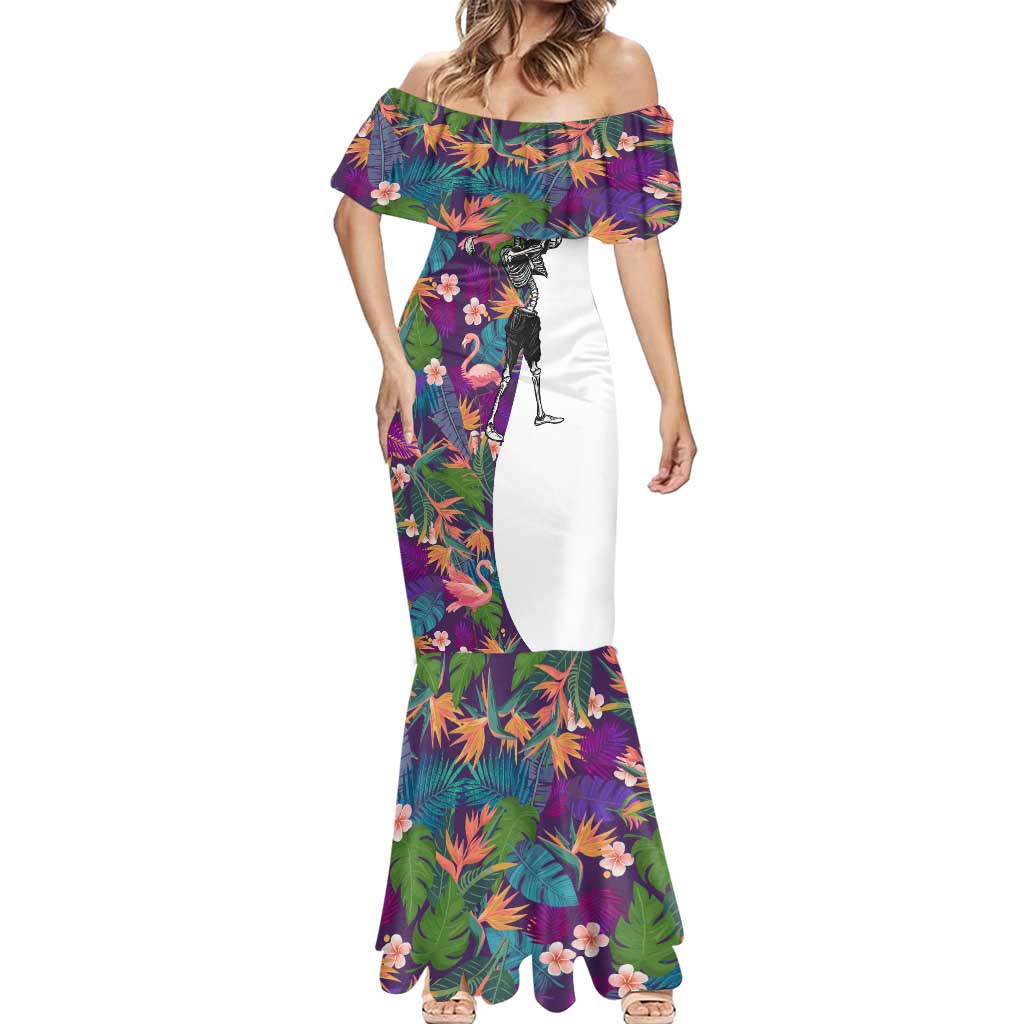 Skeleton Golfer Mermaid Dress with Tropical Flamingo Leaves Pattern and Colorful Floral Background - Wonder Print Shop