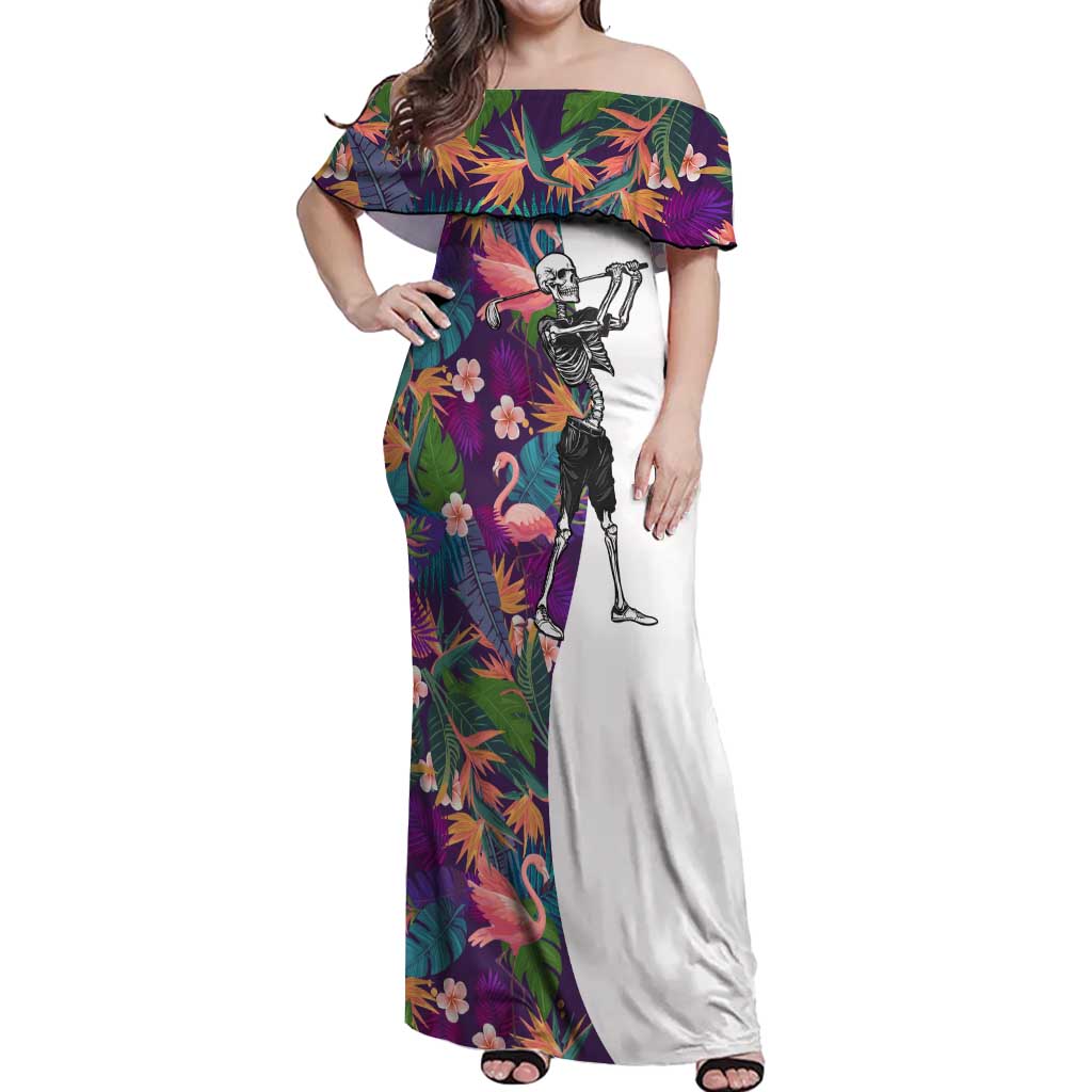 Skeleton Golfer Off Shoulder Maxi Dress with Tropical Flamingo Leaves Pattern and Colorful Floral Background - Wonder Print Shop