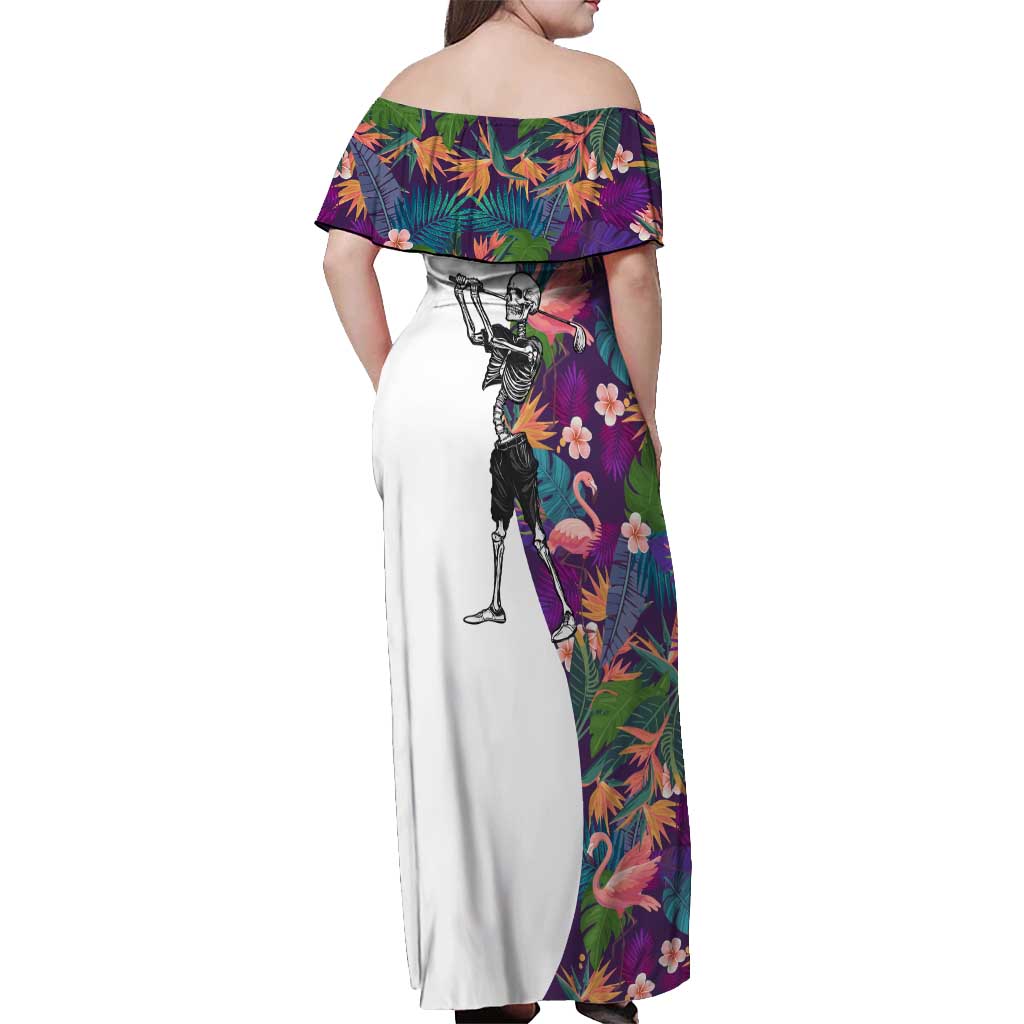 Skeleton Golfer Off Shoulder Maxi Dress with Tropical Flamingo Leaves Pattern and Colorful Floral Background - Wonder Print Shop