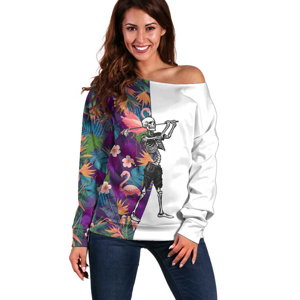 Custom Skeleton Golfer Off Shoulder Sweater with Tropical Flamingo Leaves Pattern and Colorful Floral Background - Wonder Print Shop