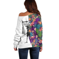 Custom Skeleton Golfer Off Shoulder Sweater with Tropical Flamingo Leaves Pattern and Colorful Floral Background - Wonder Print Shop