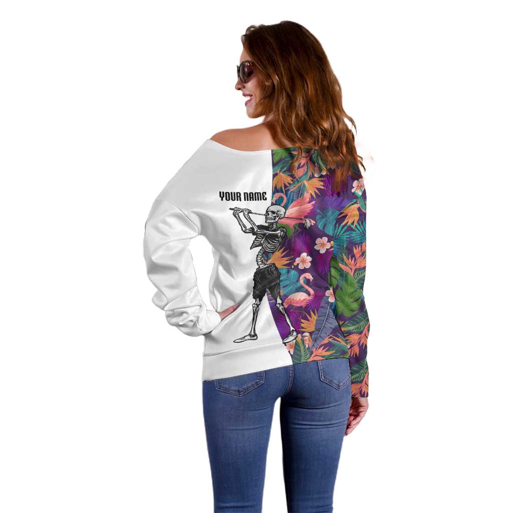 Custom Skeleton Golfer Off Shoulder Sweater with Tropical Flamingo Leaves Pattern and Colorful Floral Background - Wonder Print Shop
