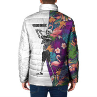 Custom Skeleton Golfer Padded Jacket with Tropical Flamingo Leaves Pattern and Colorful Floral Background - Wonder Print Shop