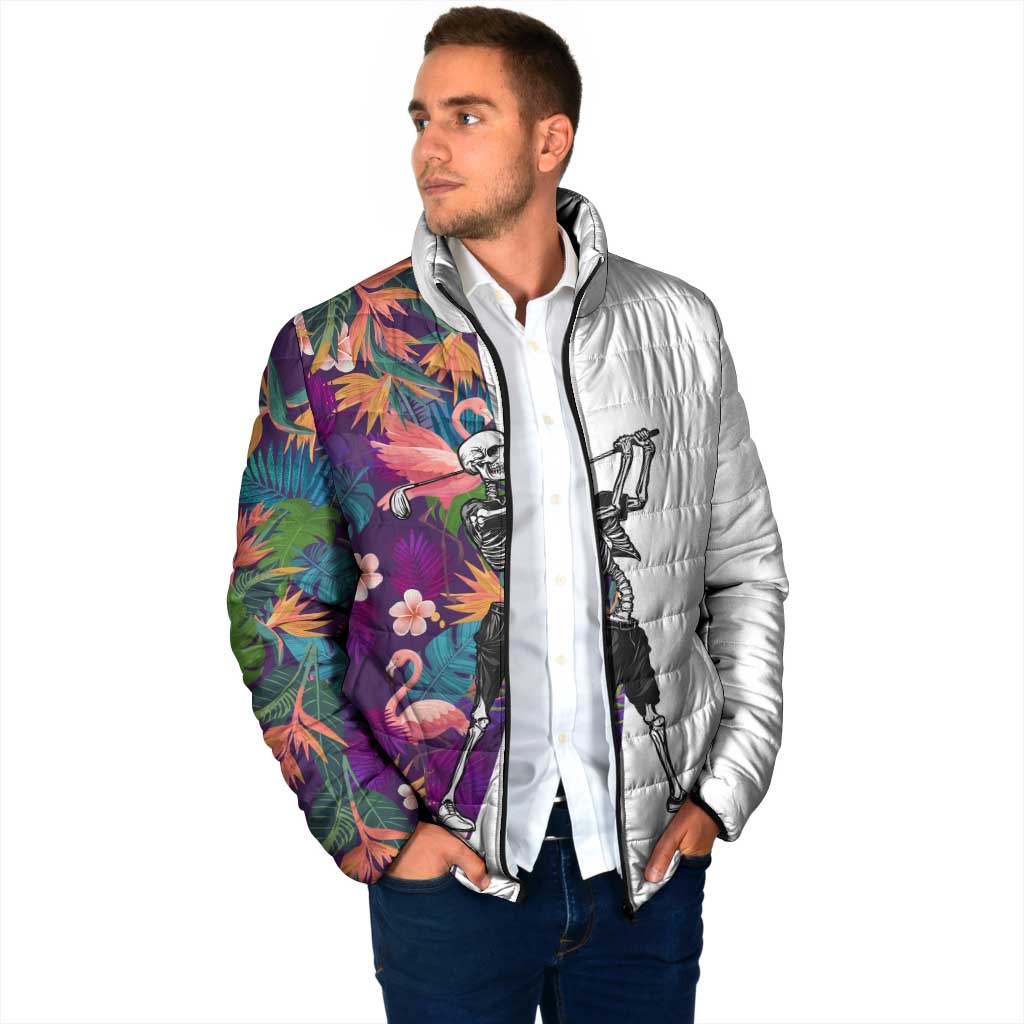 Custom Skeleton Golfer Padded Jacket with Tropical Flamingo Leaves Pattern and Colorful Floral Background - Wonder Print Shop